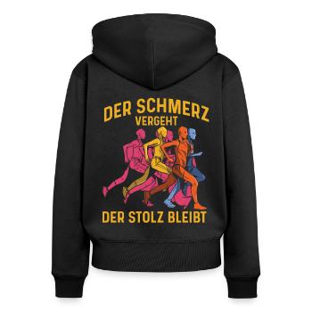 Laufen: Schmerz vergeht, Stolz bleibt - Frauen Premium Bio Zip Hoodie - Schwarz - Hinten - Julia (174cm)