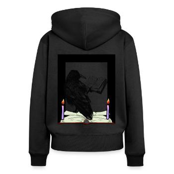 Rabe Buch Bücher Gelehrter lernen studieren Uni - Frauen Premium Bio Zip Hoodie - Schwarz - Hinten - Julia (174cm)