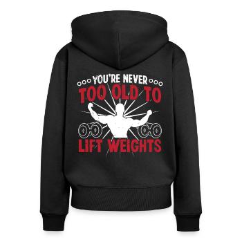 Strongman Never Too Old Gym Fitness Bodybuilding - Frauen Premium Bio Zip Hoodie - Schwarz - Hinten - Julia (174cm)