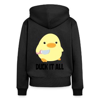 Duck It All - Duck with knife Ente mit Messer - Frauen Premium Bio Zip Hoodie - Schwarz - Hinten - Julia (174cm)