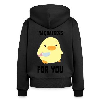 I'm Quackers For You - Funny Duck with knife Meme - Women's Premium Organic Zip Hoodie - black - Back - Julia (174cm)