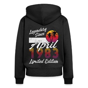 40e anniversaire Né en avril 1983 Légendaire 1983 - Sweat à capuche zippé Premium bio Femme - noir - Dos - Julia (174cm)