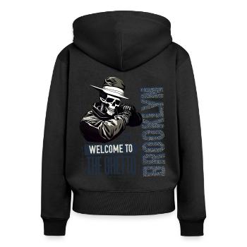 Skull Bienvenue dans le ghetto Brooklyn New York USA - Sweat à capuche zippé Premium bio Femme - noir - Dos - Julia (174cm)