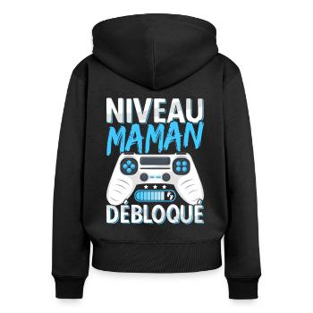 Annonce Grossesse Future Maman Niveau Mère - Sweat à capuche zippé Premium bio Femme - noir - Dos - Julia (174cm)