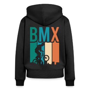 vintage Bike Outfit, Fahrrad Urban Freestyle BMX - Frauen Premium Bio Zip Hoodie - Schwarz - Hinten - Julia (174cm)