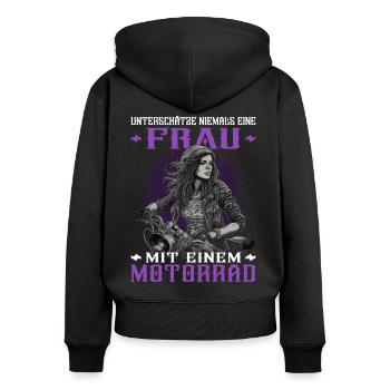Motorradfahrerin - Bikerin / Bikerfrau - Frauen Premium Bio Zip Hoodie - Schwarz - Hinten - Julia (174cm)