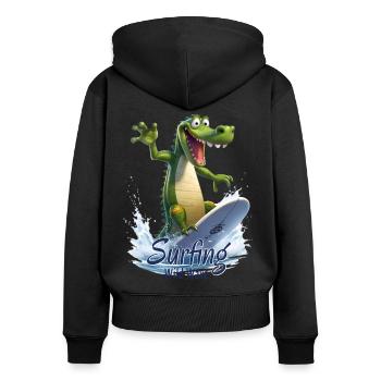 Lustiges Krokodil mit einem Surfbrett - Surfer - Frauen Premium Bio Zip Hoodie - Schwarz - Hinten - Julia (174cm)