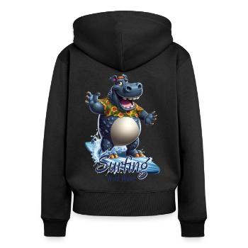 Drôle d’hippopotame avec une planche de surf - surfeur - Sweat à capuche zippé Premium bio Femme - noir - Dos - Julia (174cm)