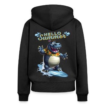 Witziges Nilpferd mit einem Surfbrett - Surfer - Frauen Premium Bio Zip Hoodie - Schwarz - Hinten - Julia (174cm)