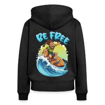 Lustiger Hippie mit einem Surfbrett - Surfer - Frauen Premium Bio Zip Hoodie - Schwarz - Hinten - Julia (174cm)