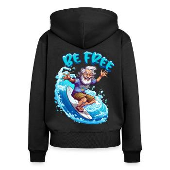 Lustiger Hippie mit einem Surfbrett - Surfer - Frauen Premium Bio Zip Hoodie - Schwarz - Hinten - Julia (174cm)