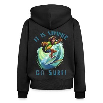Lustiger Hippie mit einem Surfbrett - Surfer - Frauen Premium Bio Zip Hoodie - Schwarz - Hinten - Julia (174cm)