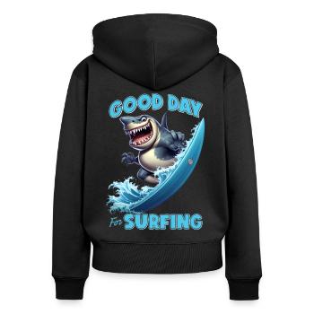 Funny shark with a surfboard - surfer - Women's Premium Organic Zip Hoodie - black - Back - Julia (174cm)