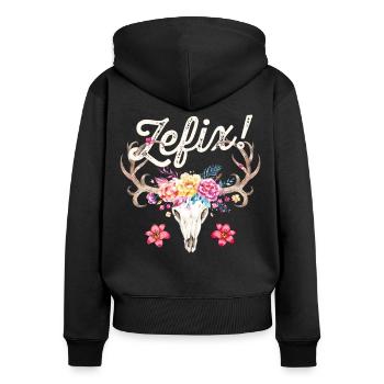 Zefix T-Shirt Damen Trachtenshirt Trachten T-Shirt - Frauen Premium Bio Zip Hoodie - Schwarz - Hinten - Julia (174cm)