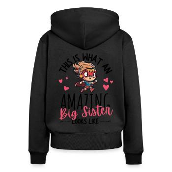 Announcing pregnancy with cartoon superheroine - Women's Premium Organic Zip Hoodie - black - Back - Julia (174cm)