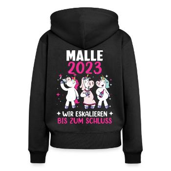 Malle 2023 - Frauen Premium Bio Zip Hoodie - Schwarz - Hinten - Julia (174cm)