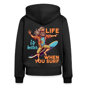 Cool hippie avec planche de surf - cadeau surfeur - Sweat à capuche zippé Premium bio Femme - noir - Dos - Julia (174cm)