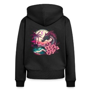 Drache Vaporwave Abstrakte Landschaft Mond Baum - Frauen Premium Bio Zip Hoodie - Schwarz - Hinten - Julia (174cm)