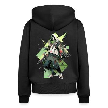 Epischer Gamer Cyber Assassine in Grün mit Baggies - Frauen Premium Bio Zip Hoodie - Schwarz - Hinten - Julia (174cm)