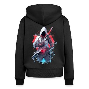 Epischer Gamer Cyber Assassine mit dunklem Gesicht - Frauen Premium Bio Zip Hoodie - Schwarz - Hinten - Julia (174cm)