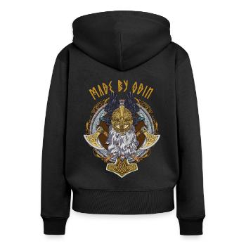Drôle de dicton viking avec des runes Fait par Odin - Sweat à capuche zippé Premium bio Femme - noir - Dos - Julia (174cm)