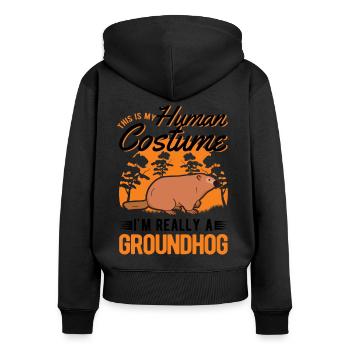 Groundhog Human Costume Murmeltier Marmot - Frauen Premium Bio Zip Hoodie - Schwarz - Hinten - Julia (174cm)