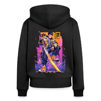 Shibuya: Cooler Anime Junge mit Schwert Japanisch - Frauen Premium Bio Zip Hoodie - Schwarz - Hinten - Julia (174cm)
