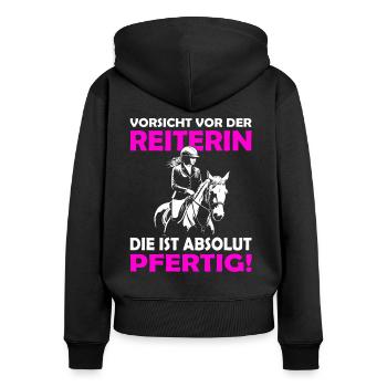 Vorsicht vor der Reiterin | Lustige Reitersprüche - Frauen Premium Bio Zip Hoodie - Schwarz - Hinten - Julia (174cm)