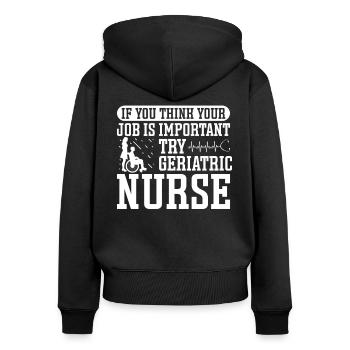 Infirmière en soins infirmiers gériatriques - Sweat à capuche zippé Premium bio Femme - noir - Dos - Julia (174cm)