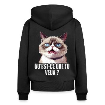 Humour chat qu'est ce que tu veux ? blague meme - Sweat à capuche zippé Premium bio Femme - noir - Dos - Julia (174cm)