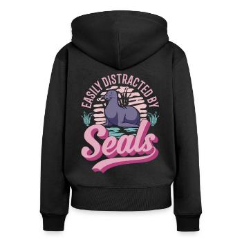 Easily distracted by Seal Robbe Seelöwe - Frauen Premium Bio Zip Hoodie - Schwarz - Hinten - Julia (174cm)