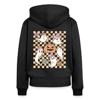 Retro Halloween-Design: Süße Geister und Kürbisse - Frauen Premium Bio Zip Hoodie - Schwarz - Hinten - Julia (174cm)