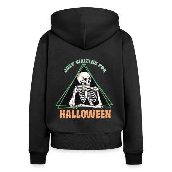 Squelette effrayant « J’attends juste Halloween » - Sweat à capuche zippé Premium bio Femme - noir - Dos - Julia (174cm)