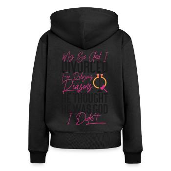 Bonne fête de divorce Mon ex et moi - Sweat à capuche zippé Premium bio Femme - noir - Dos - Julia (174cm)