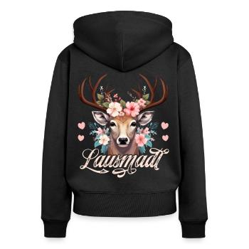 Tracht Kinder Lausmadl T-Shirt Damen Trachtenshirt - Frauen Premium Bio Zip Hoodie - Schwarz - Hinten - Julia (174cm)