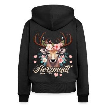 Trachtenshirt Damen Trachten T-Shirt Herzmadl - Frauen Premium Bio Zip Hoodie - Schwarz - Hinten - Julia (174cm)