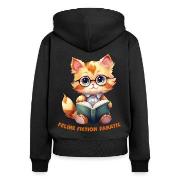 "Feline Fiction Fanatic": Bücherwurm Katze Design - Frauen Premium Bio Zip Hoodie - Schwarz - Hinten - Julia (174cm)