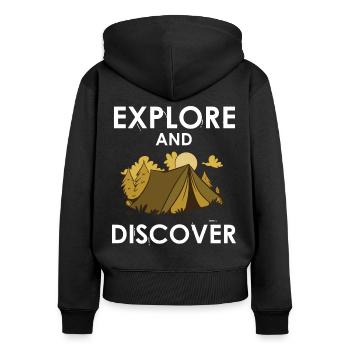 Explore and discover - Frauen Premium Bio Zip Hoodie - Schwarz - Hinten - Julia (174cm)