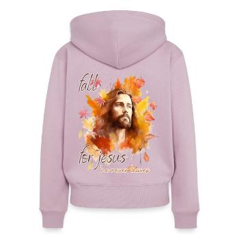 Fall Jesus He Never Leaves: Christian Autumn Vibes - Frauen Premium Bio Zip Hoodie - Altrosa - Hinten - Julia (174cm)