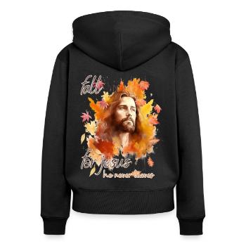 Fall Jesus He Never Leaves: Christian Autumn Vibes - Frauen Premium Bio Zip Hoodie - Schwarz - Hinten - Julia (174cm)