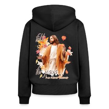 Fall Jesus He Never Leaves: Christian Autumn Vibes - Frauen Premium Bio Zip Hoodie - Schwarz - Hinten - Julia (174cm)
