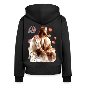 Fall Jesus He Never Leaves: Christian Autumn Vibes - Frauen Premium Bio Zip Hoodie - Schwarz - Hinten - Julia (174cm)
