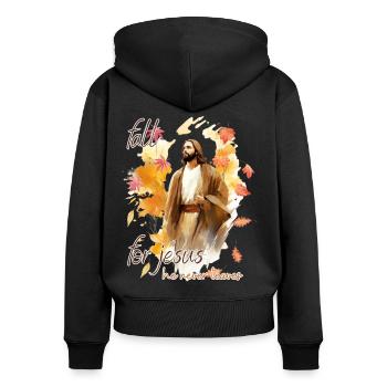 Fall Jesus He Never Leaves: Christian Autumn Vibes - Frauen Premium Bio Zip Hoodie - Schwarz - Hinten - Julia (174cm)
