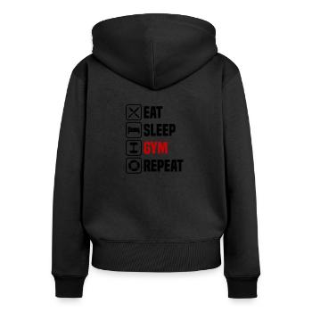 Manger Dormir Fitness Répéter Gym - Sweat à capuche zippé Premium bio Femme - noir - Dos - Julia (174cm)