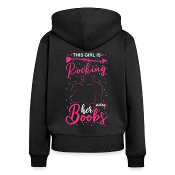 Brustkrebs-Anstecker Schleife - Frauen Premium Bio Zip Hoodie - Schwarz - Hinten - Julia (174cm)