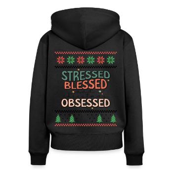 Stressed and Christmas Obsessed - Ugly Christmas - Frauen Premium Bio Zip Hoodie - Schwarz - Hinten - Julia (174cm)