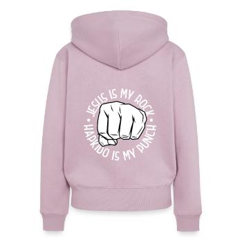 Jesus ist mein Fels - Hapkido ist mein Schlag - Frauen Premium Bio Zip Hoodie - Altrosa - Hinten - Julia (174cm)