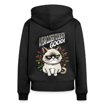 Plus près de la mort - Pyjama Angry Cat Happy New Year - Sweat à capuche zippé Premium bio Femme - noir - Dos - Julia (174cm)