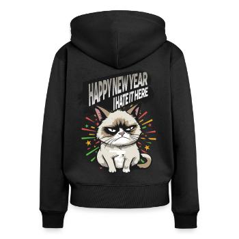 Je déteste ça ici - Pyjama Angry Cat Happy New Year - Sweat à capuche zippé Premium bio Femme - noir - Dos - Julia (174cm)