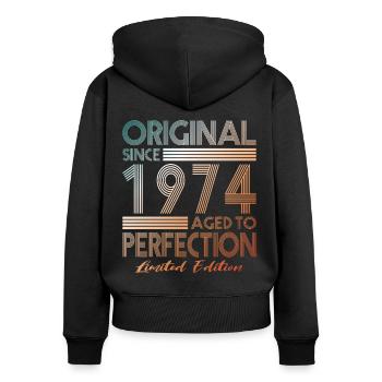 50e anniversaire Vintage 1974 Original depuis 1974 - Sweat à capuche zippé Premium bio Femme - noir - Dos - Julia (174cm)